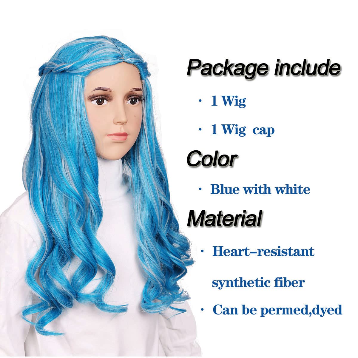 Zombies 3 Addison Alien Long Light Blue With Gray Cosplay Wig And Face Sticker For Girls And Kids