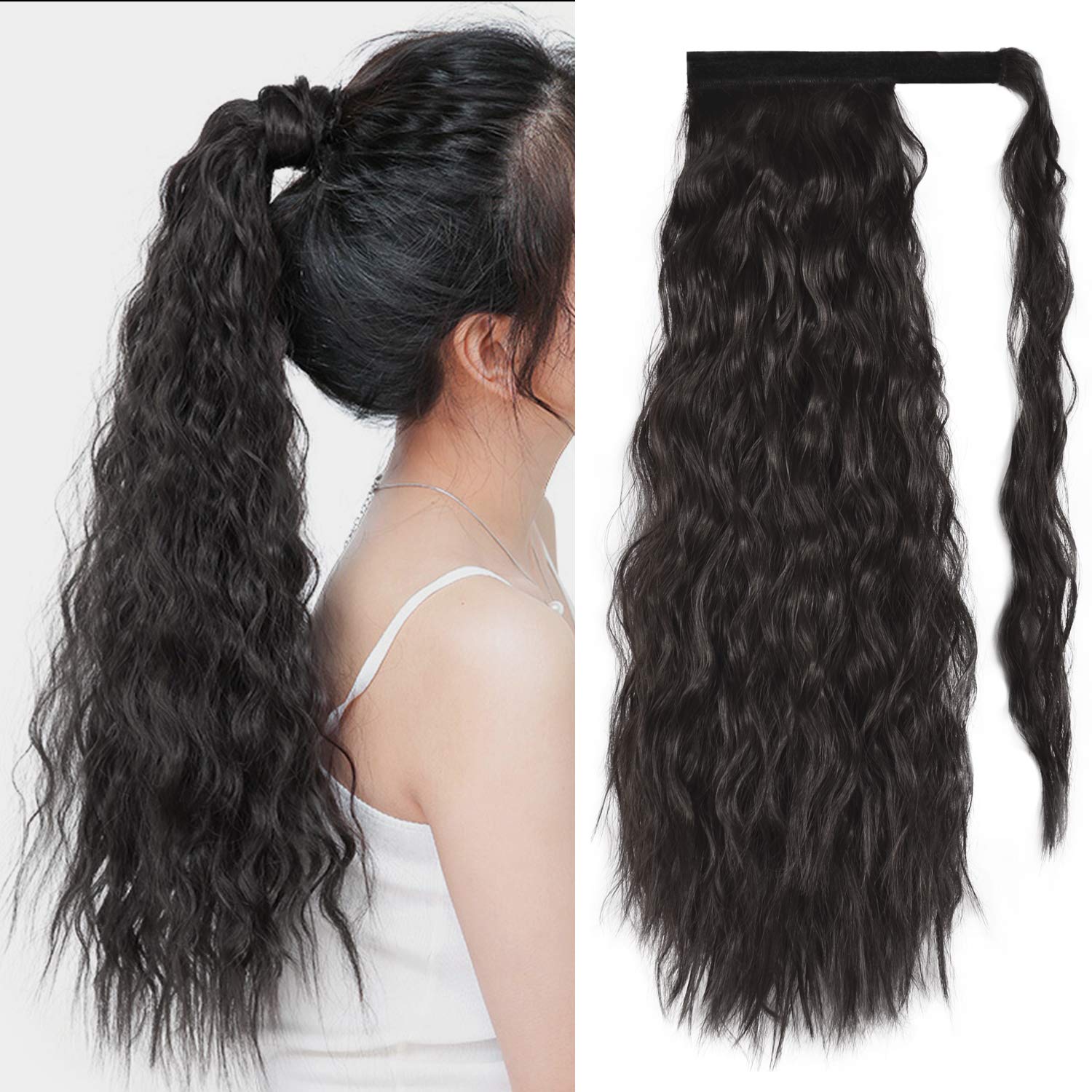 PEACOCO Corn Wave Ponytail for Black Women, 24 Inch Long Wavy Curly Hair Fluffy Pony Tail Hair Piece Magic Paste Synthetic Wrap Around Ponytail Extension (4#)