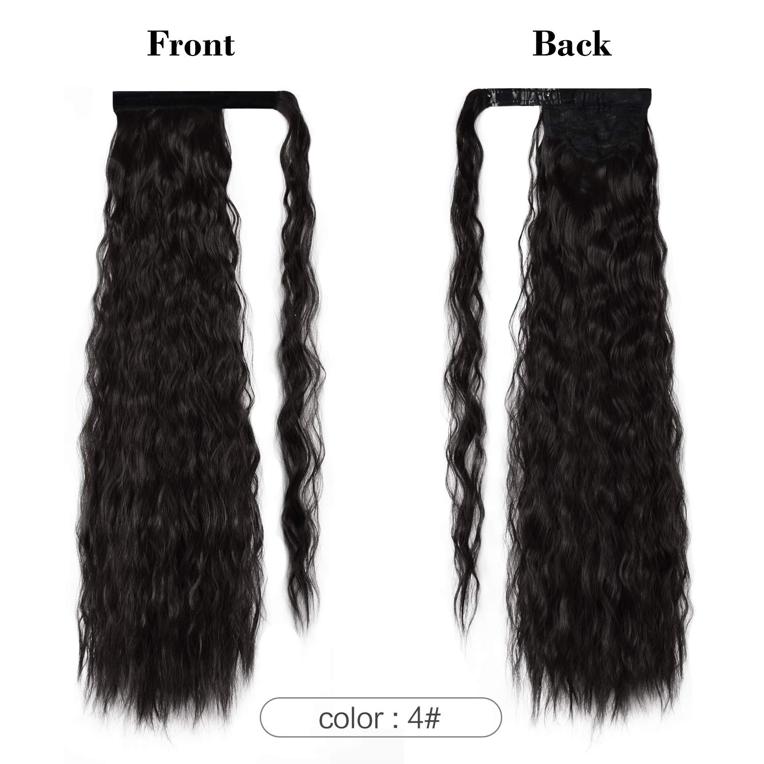 PEACOCO Corn Wave Ponytail for Black Women, 24 Inch Long Wavy Curly Hair Fluffy Pony Tail Hair Piece Magic Paste Synthetic Wrap Around Ponytail Extension (4#)