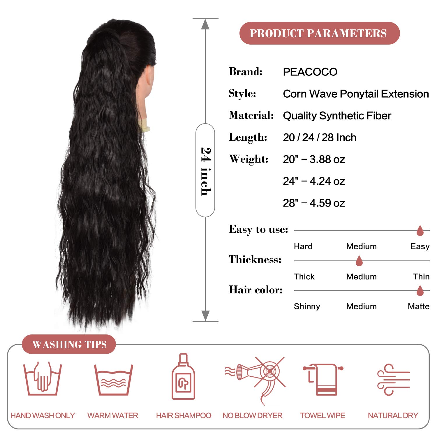 PEACOCO Corn Wave Ponytail for Black Women, 24 Inch Long Wavy Curly Hair Fluffy Pony Tail Hair Piece Magic Paste Synthetic Wrap Around Ponytail Extension (4#)