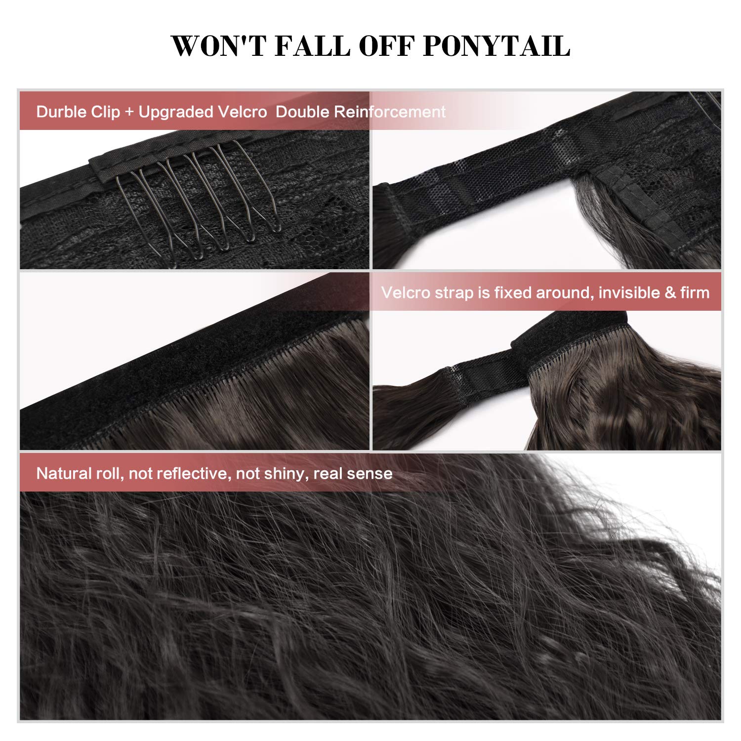 PEACOCO Corn Wave Ponytail for Black Women, 24 Inch Long Wavy Curly Hair Fluffy Pony Tail Hair Piece Magic Paste Synthetic Wrap Around Ponytail Extension (4#)