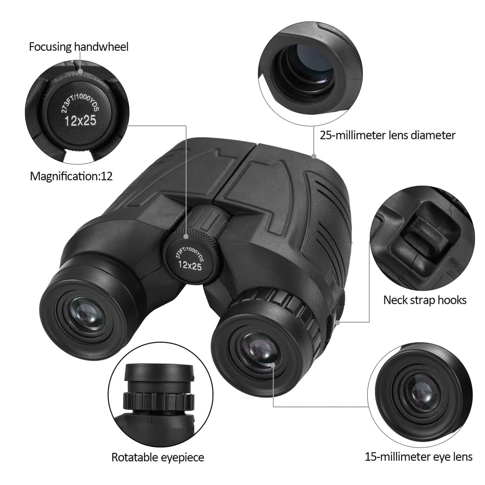 Peacoco 12x25 Compact Binoculars for Adults and Kids, Large Eyepiece Waterproof Binocular with Low Light Vision,High Powered Easy Focus Binoculars for Bird Watching,Outdoor Hunting,Travel,Sightseeing