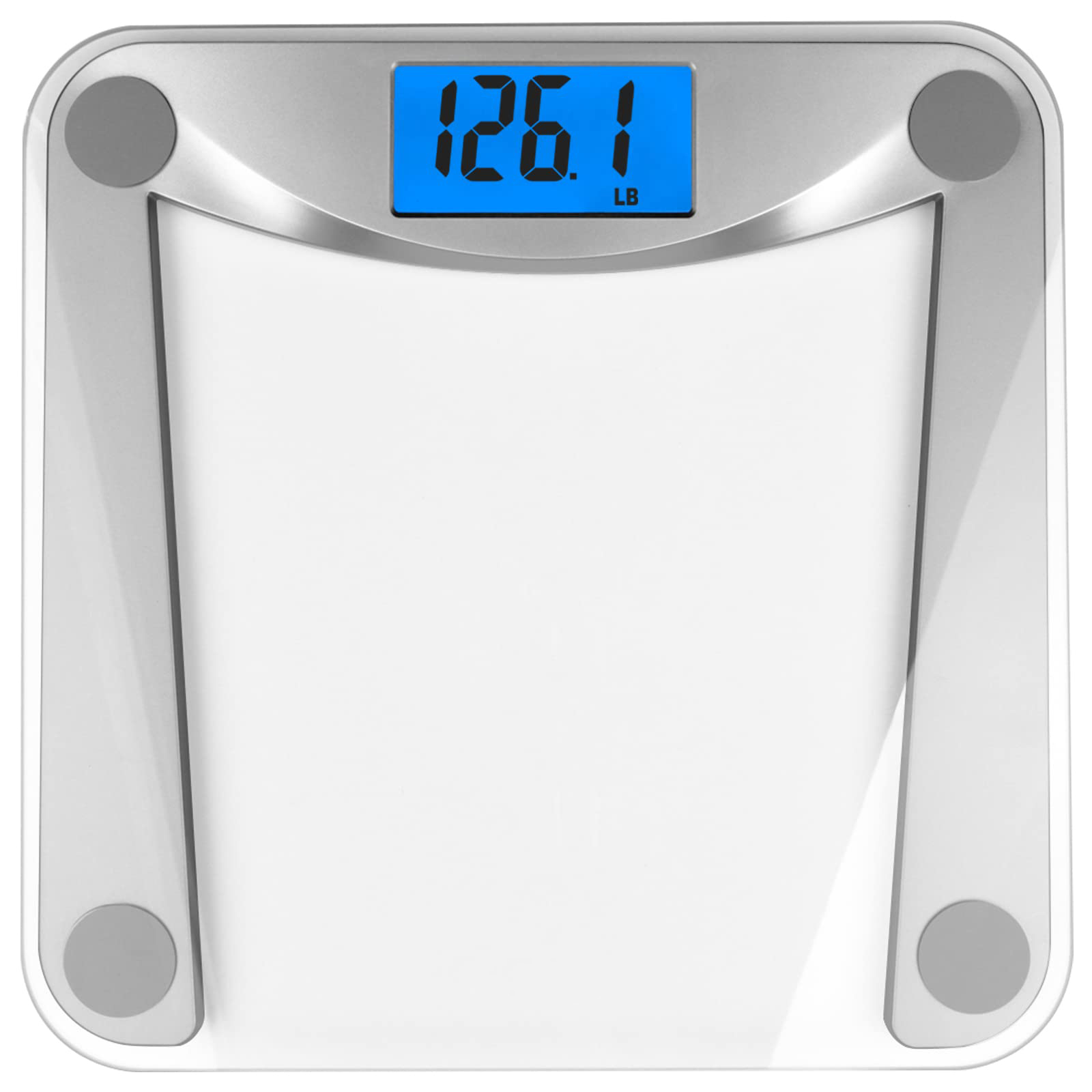 Peacoco Digital Bathroom Scale for Body Weight,Weighing Professional Since 2001,Extra Large Blue Backlit LCD and Step-On, Batteries Included, 400lb/180kg,Clear Glass,Silver