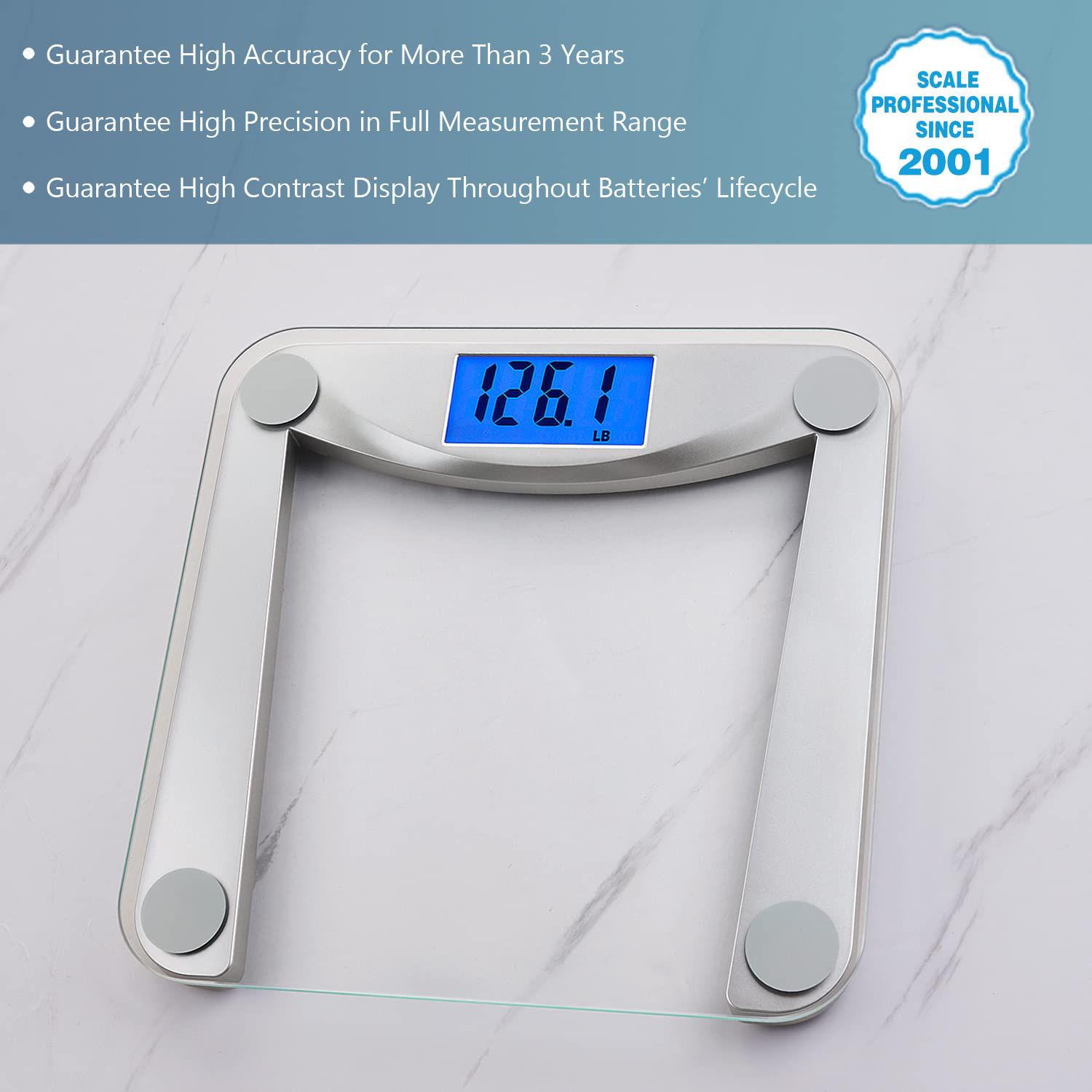 Peacoco Digital Bathroom Scale for Body Weight,Weighing Professional Since 2001,Extra Large Blue Backlit LCD and Step-On, Batteries Included, 400lb/180kg,Clear Glass,Silver