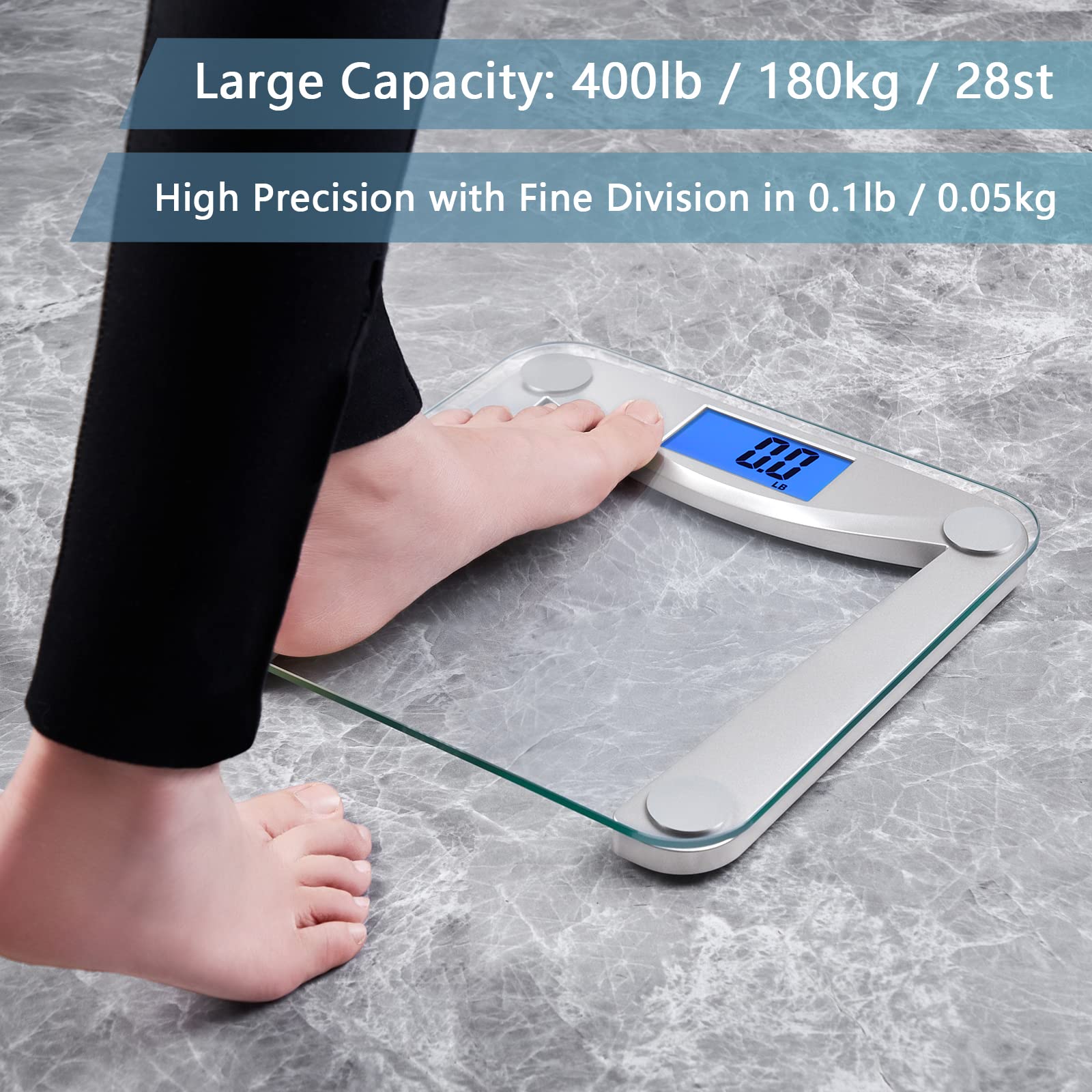 Peacoco Digital Bathroom Scale for Body Weight,Weighing Professional Since 2001,Extra Large Blue Backlit LCD and Step-On, Batteries Included, 400lb/180kg,Clear Glass,Silver