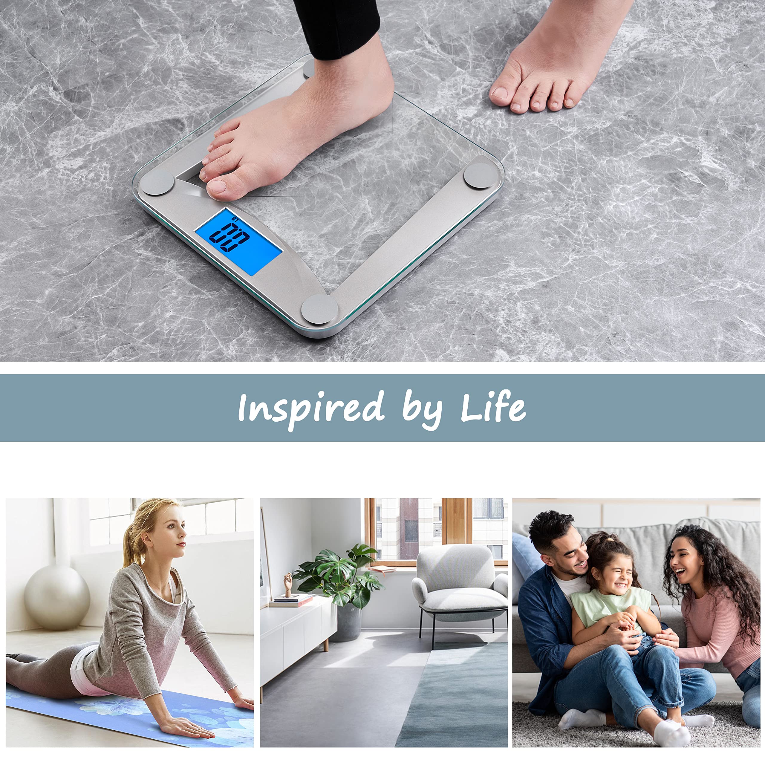 Peacoco Digital Bathroom Scale for Body Weight,Weighing Professional Since 2001,Extra Large Blue Backlit LCD and Step-On, Batteries Included, 400lb/180kg,Clear Glass,Silver