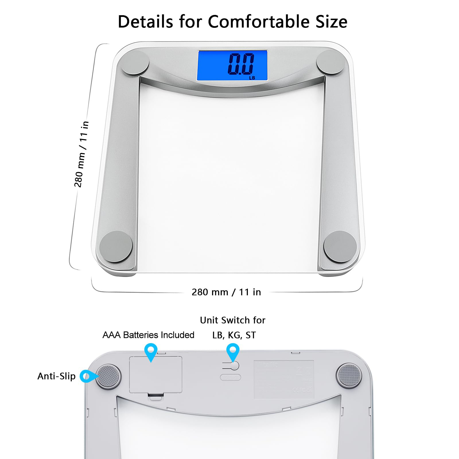 Peacoco Digital Bathroom Scale for Body Weight,Weighing Professional Since 2001,Extra Large Blue Backlit LCD and Step-On, Batteries Included, 400lb/180kg,Clear Glass,Silver