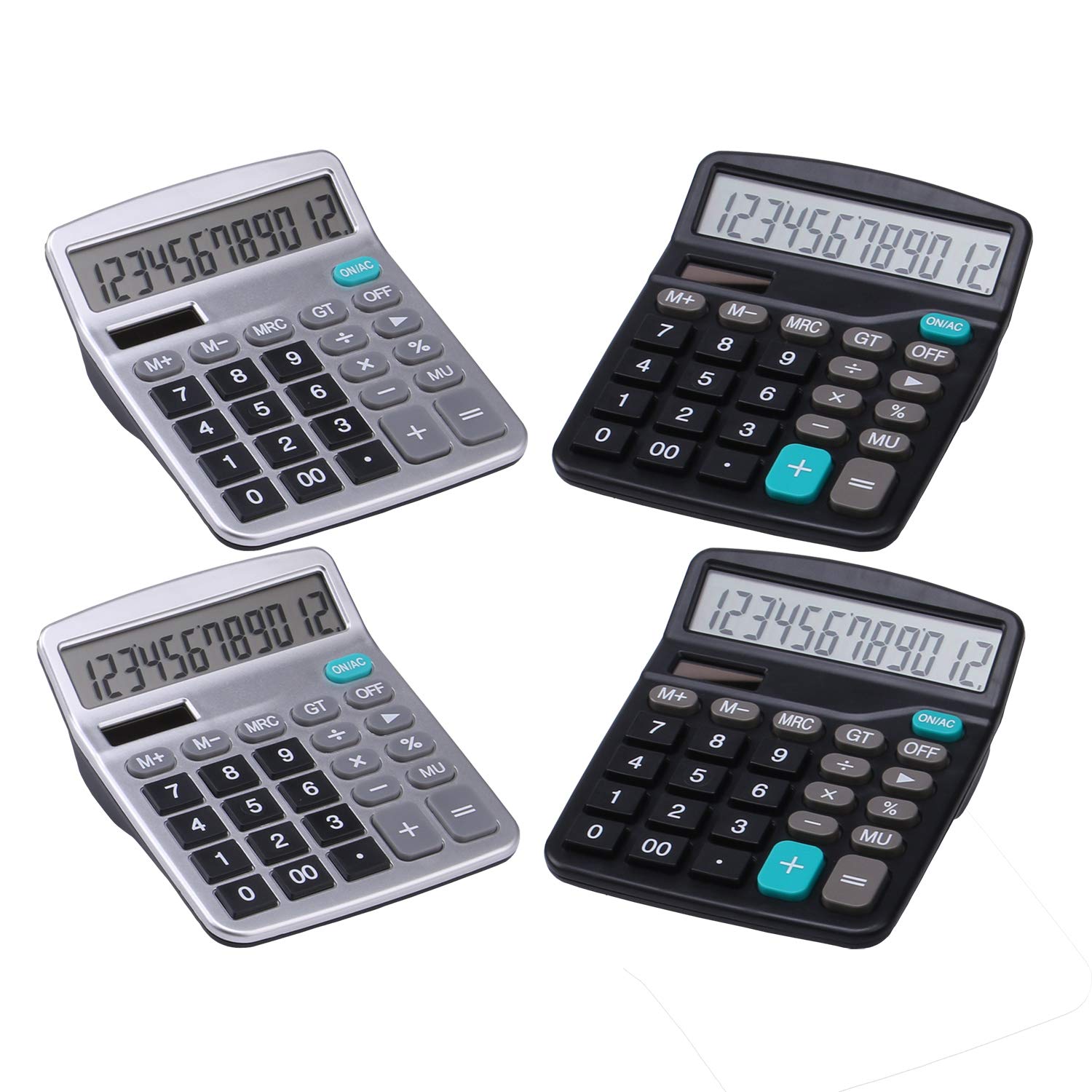 Peacoco Desk Calculators with Big Buttons and Large Display, Office Desktop Calculator Basic 12 Digit with Solar Power and AA Battery (4 Packs Included), 4 Bulk Pack