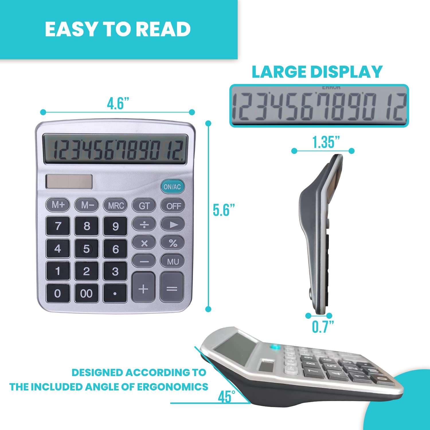 Peacoco Desk Calculators with Big Buttons and Large Display, Office Desktop Calculator Basic 12 Digit with Solar Power and AA Battery (4 Packs Included), 4 Bulk Pack