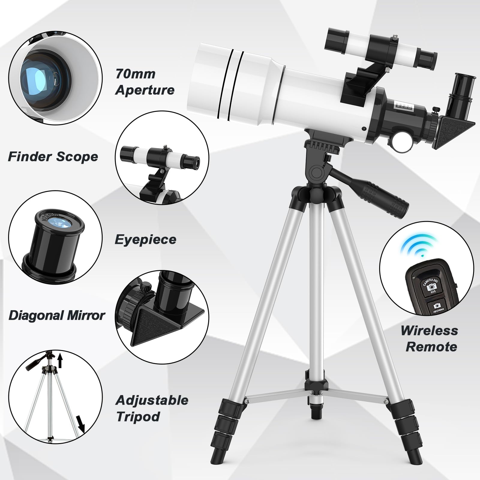 Peacoco Telescope for Adults & Kids, 70mm Aperture Astronomical Refractor Telescopes for Astronomy Beginners (15X-150X), 300mm Portable Telescope with an Phone Adapter & A Wireless Remote