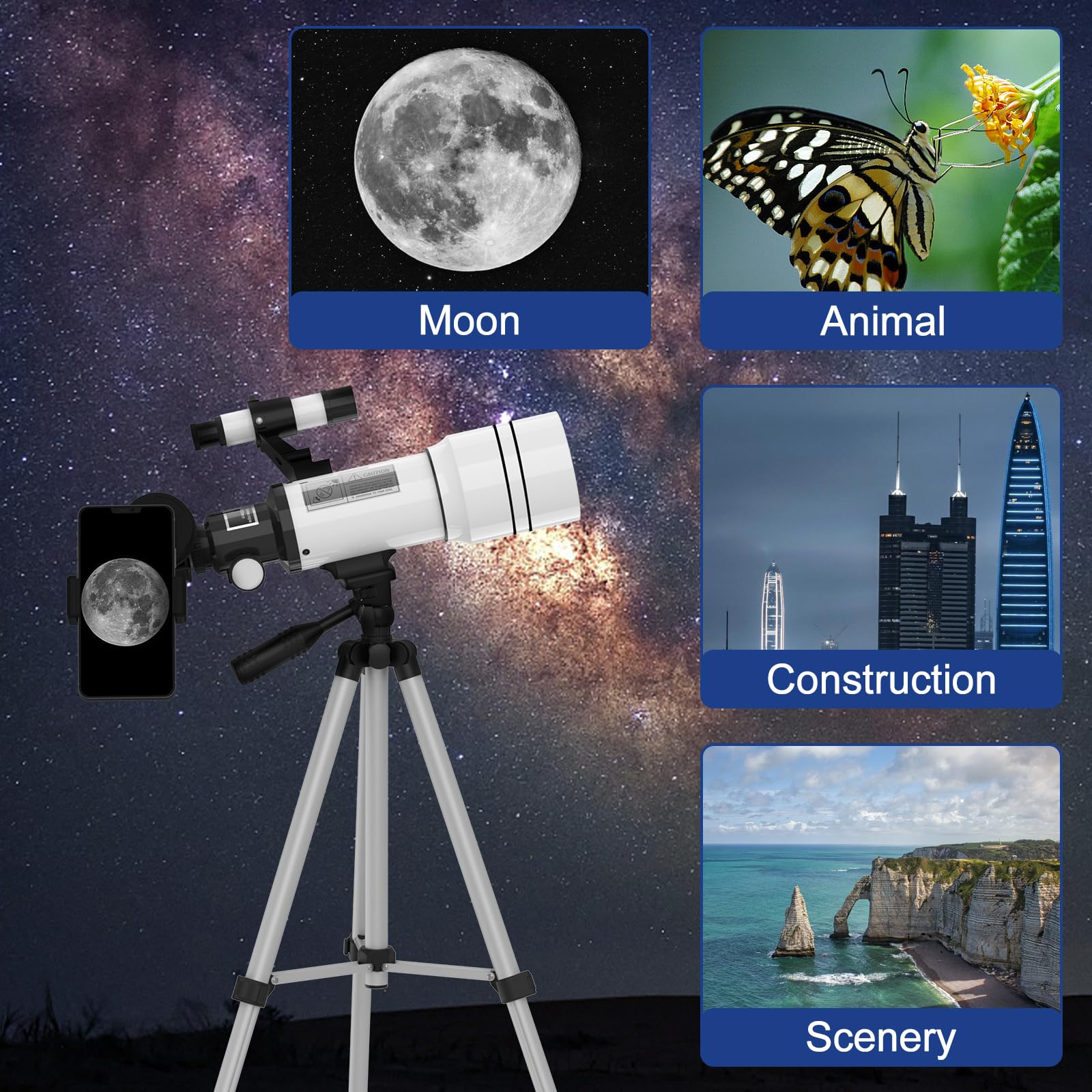 Peacoco Telescope for Adults & Kids, 70mm Aperture Astronomical Refractor Telescopes for Astronomy Beginners (15X-150X), 300mm Portable Telescope with an Phone Adapter & A Wireless Remote