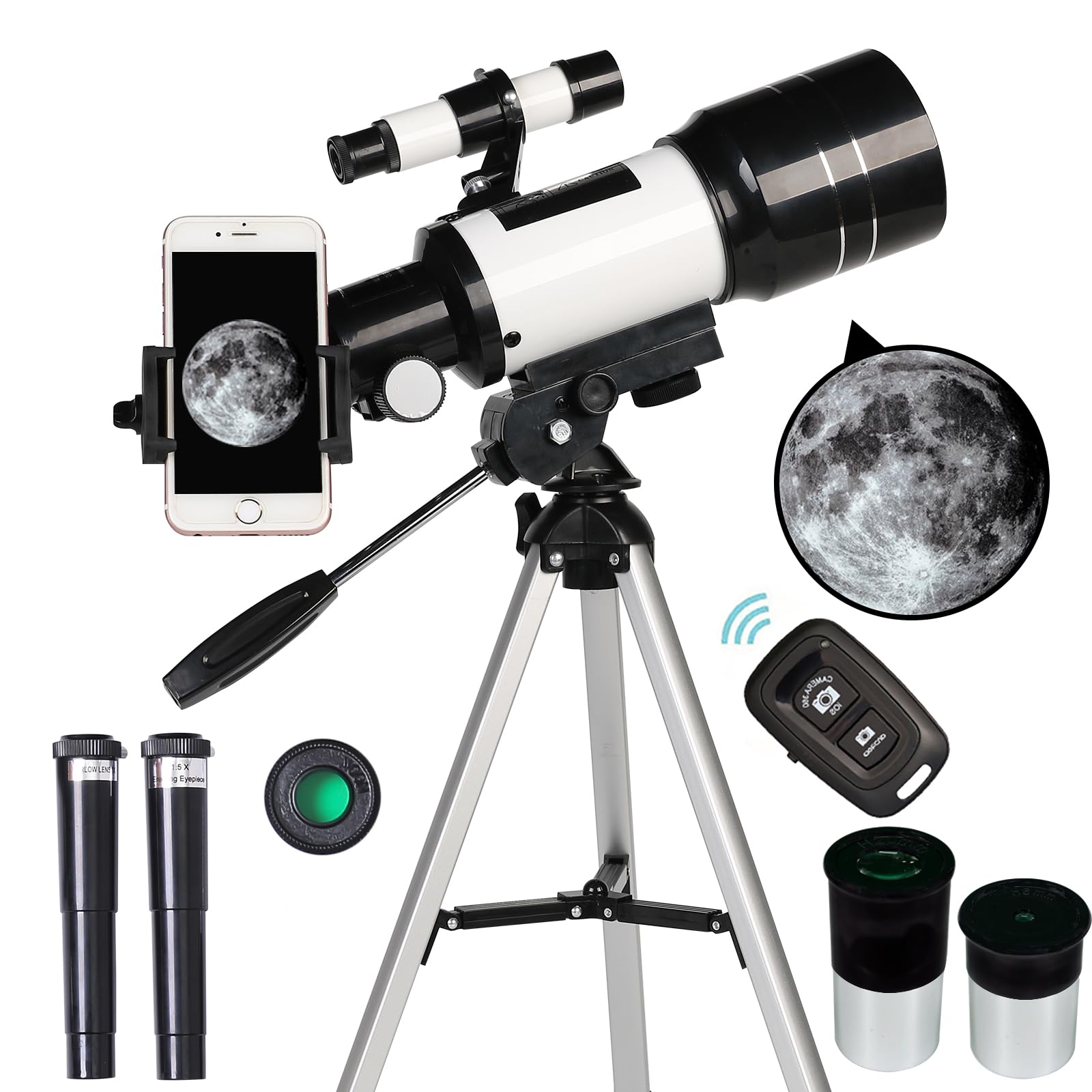 Peacoco Telescope for Adults & Kids, 70mm Aperture Refractor (15X-150X) Portable Travel Telescope with Phone Adapter & Wireless Remote, Astronomy Beginners Gifts, Black