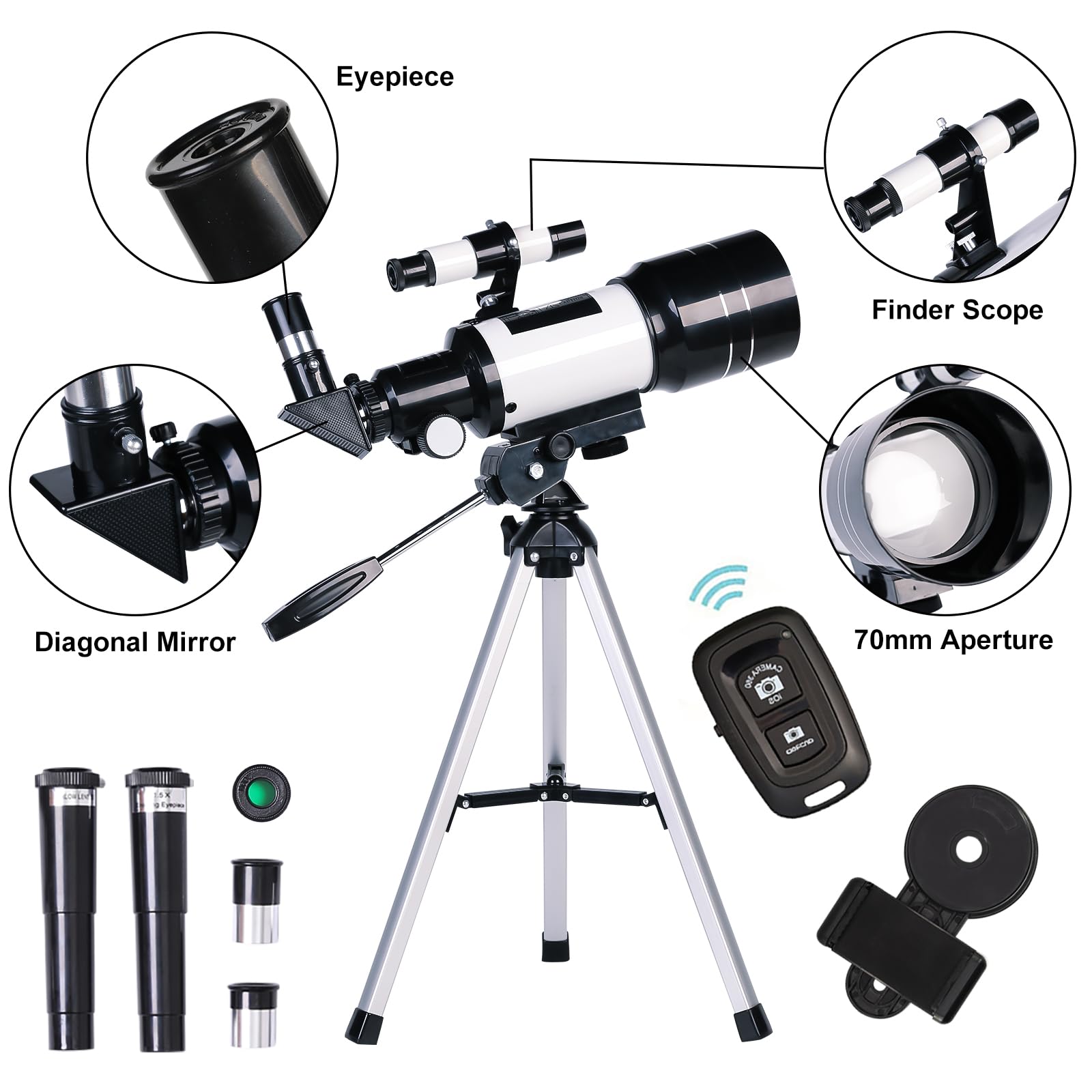 Peacoco Telescope for Adults & Kids, 70mm Aperture Refractor (15X-150X) Portable Travel Telescope with Phone Adapter & Wireless Remote, Astronomy Beginners Gifts, Black