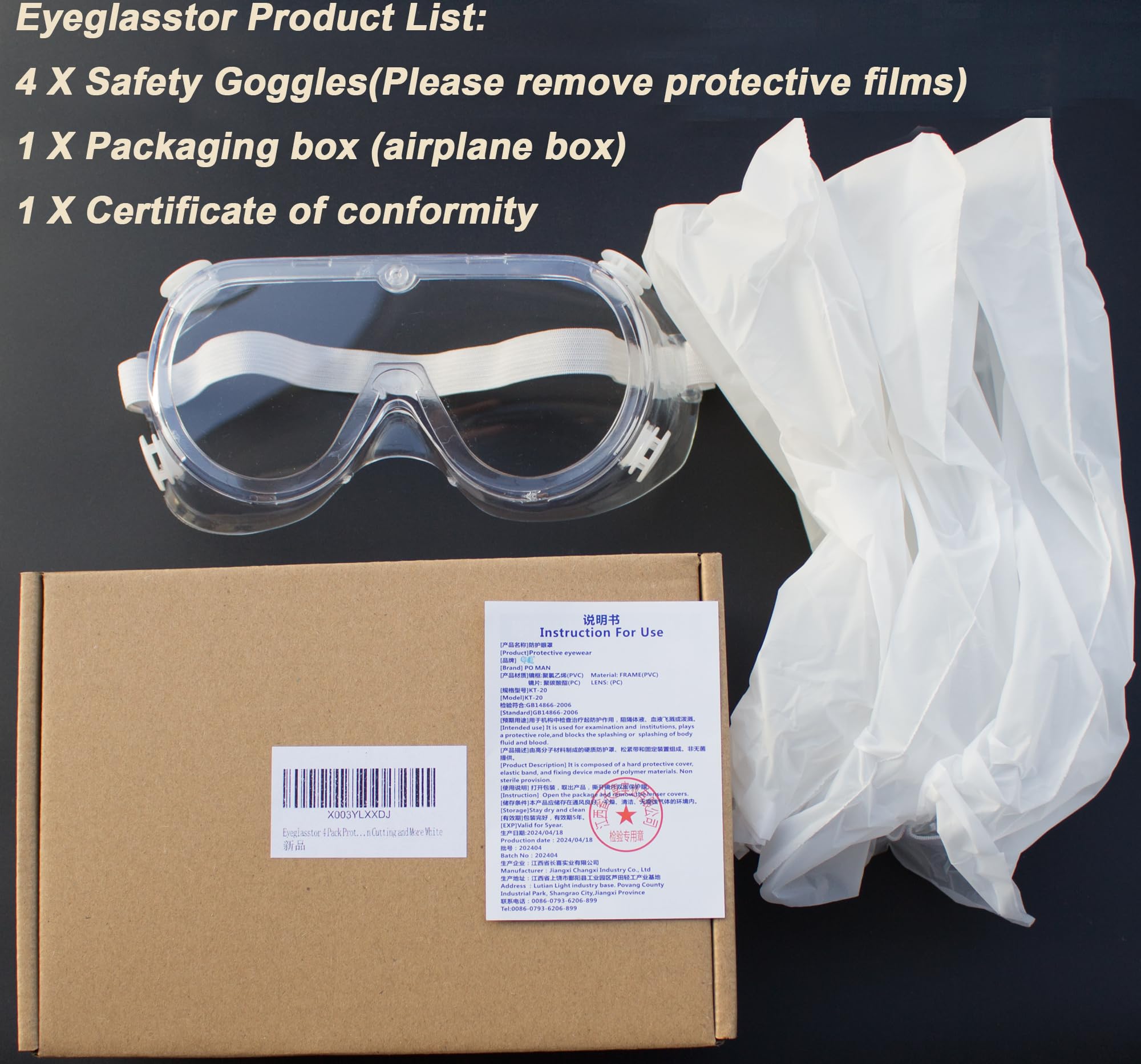 Peacoco 4 Pack Protective Safety Goggle for lab chemistry soft lightweight goggles over prescription glasses Anti-Fog worker construction Eye protection Science Onion Cutting and More White