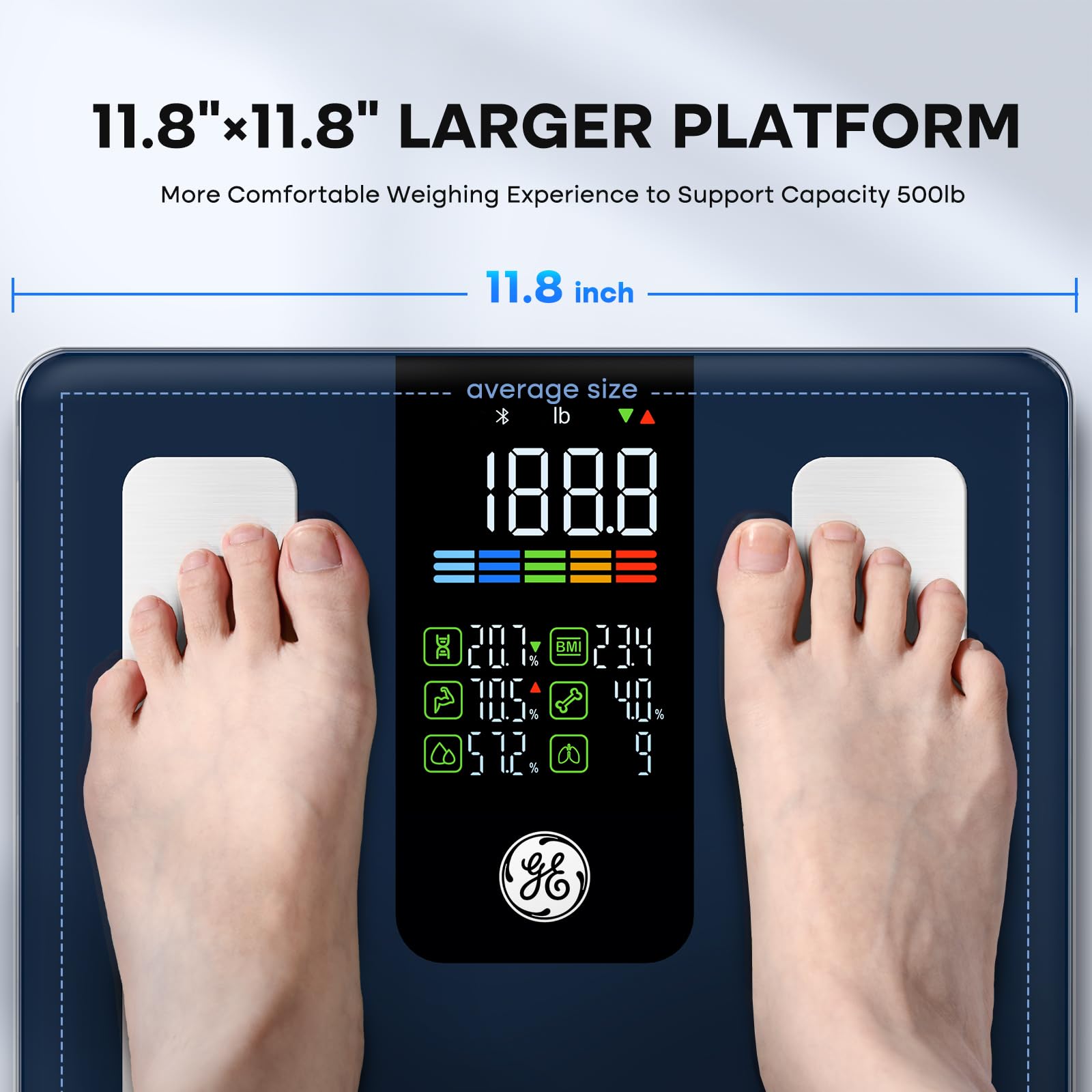 Peacoco Scale for Body Weight Smart: Digital Bathroom Body Fat Scales for BMI Muscle Bluetooth Body Composition Monitor 11.8" Large Platform Accurate Weighing Machine Health Analyzer with App 500lbs