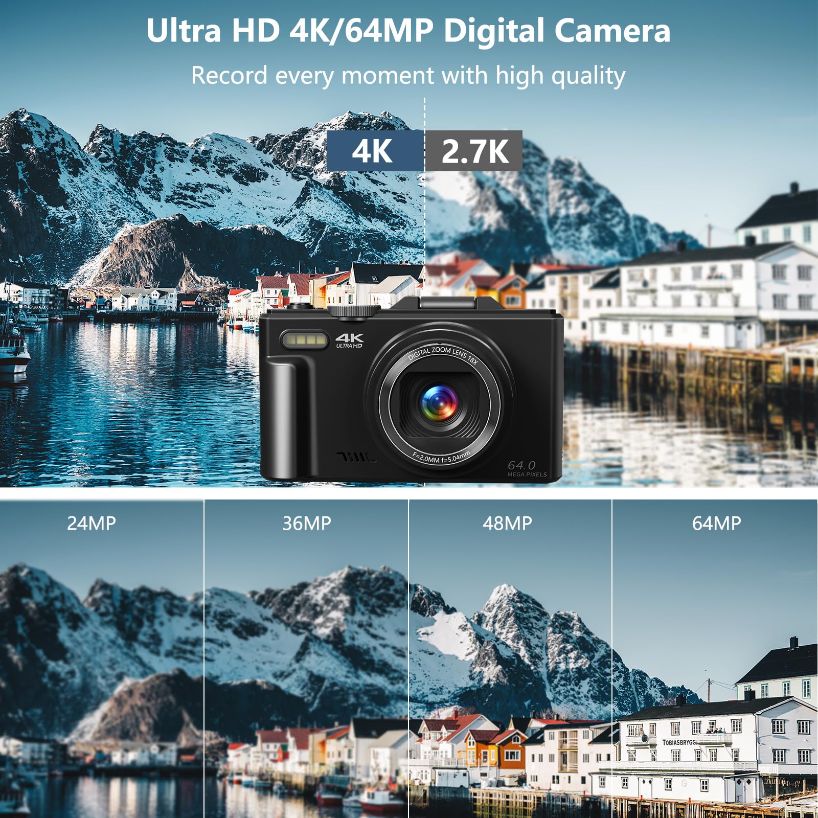 Peacoco Digital Camera for Photography, 4K Vlogging Camera for YouTube 3" 180° Flip Screen 18X Digital Zoom Compact Retro Camera with 32GB TF Card & 2 Batteries, Black