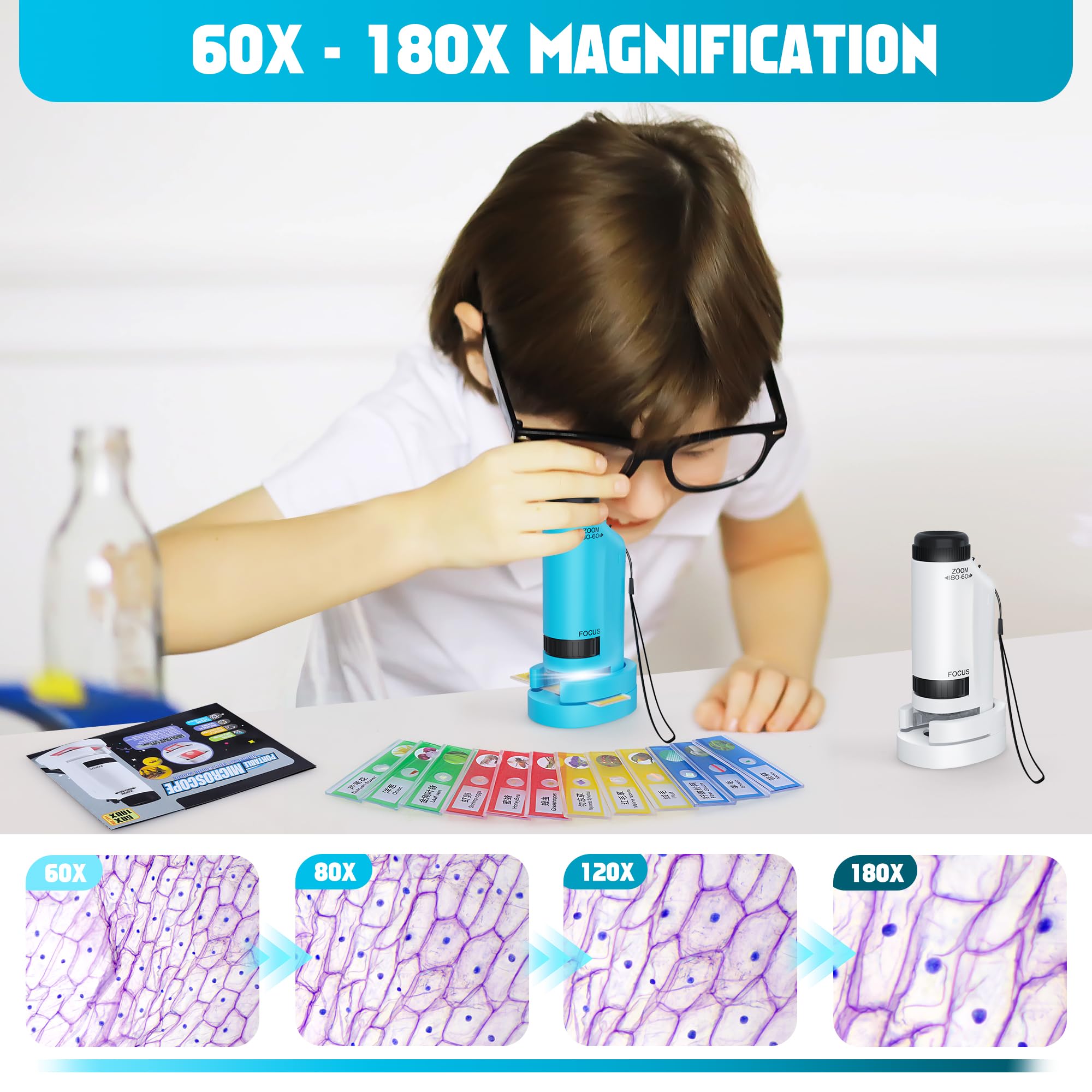 Peacoco Portable Microscope for Kids Zoom 60x-180x,Handheld Mini Microscope Toy,STEM&Science Toys,LED Pocket Microscope,Little Scientist Microscope with 12pcs Slides,Gift for 6,7,8,9,10+ Girls Boys（2PCS Blue）