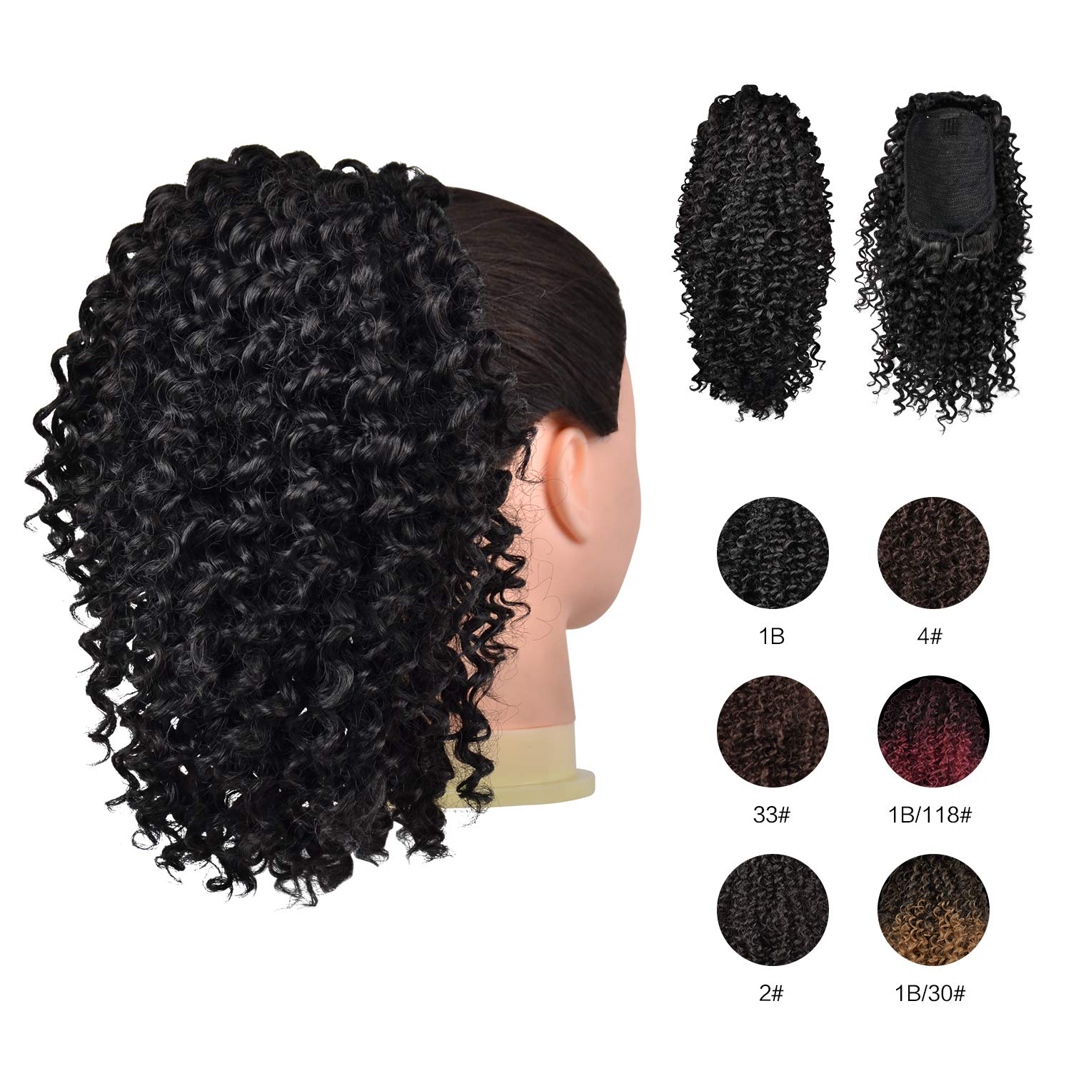 Drawstring Ponytail Afro Kinky Curly Ponytail for Black Women, PEACOCO 10 Inch Synthetic Hairpieces Clip in Jerry Curls Afro Puff Ponytail Extensions (1B)