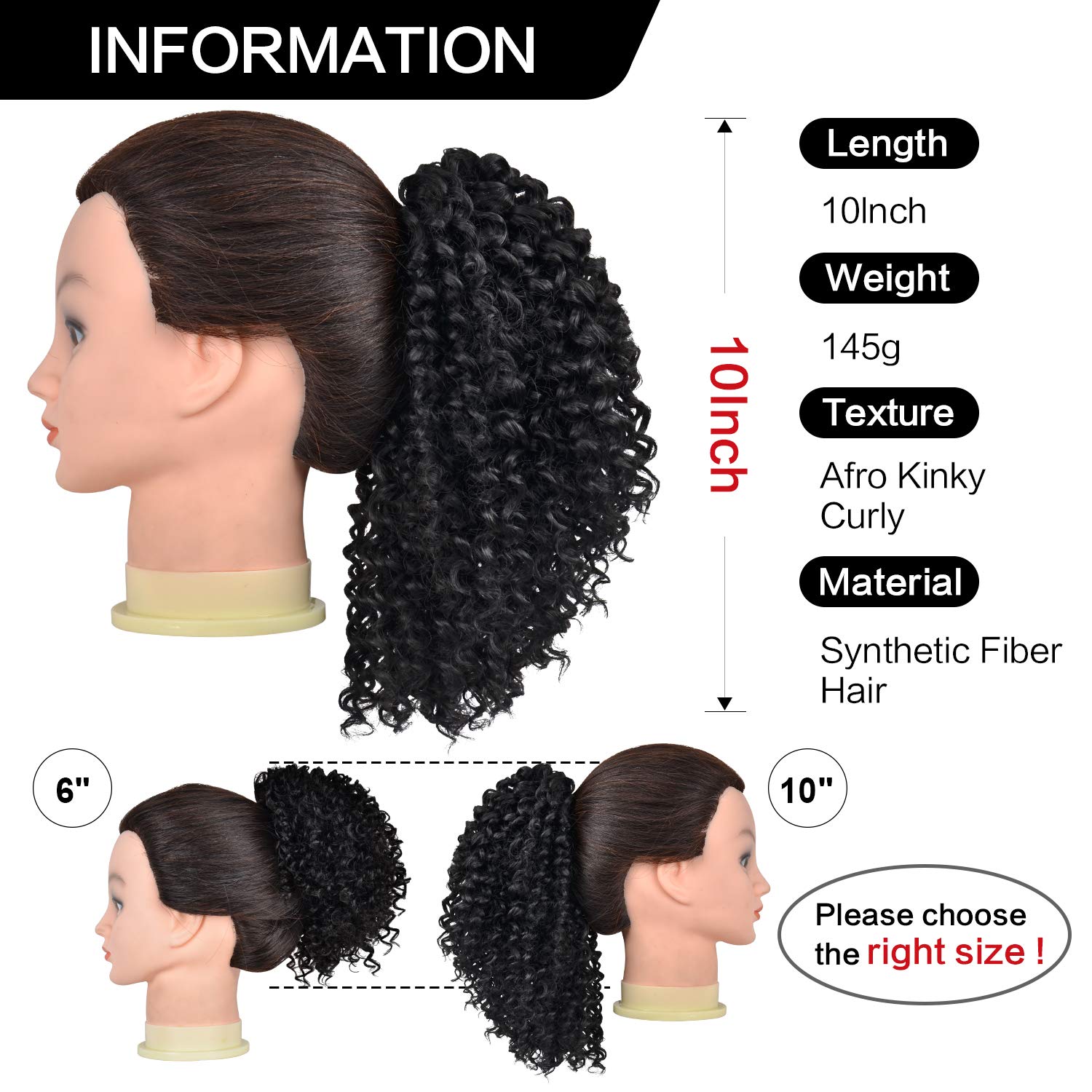 Drawstring Ponytail Afro Kinky Curly Ponytail for Black Women, PEACOCO 10 Inch Synthetic Hairpieces Clip in Jerry Curls Afro Puff Ponytail Extensions (1B)