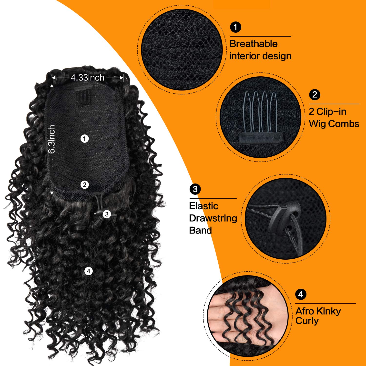 Drawstring Ponytail Afro Kinky Curly Ponytail for Black Women, PEACOCO 10 Inch Synthetic Hairpieces Clip in Jerry Curls Afro Puff Ponytail Extensions (1B)