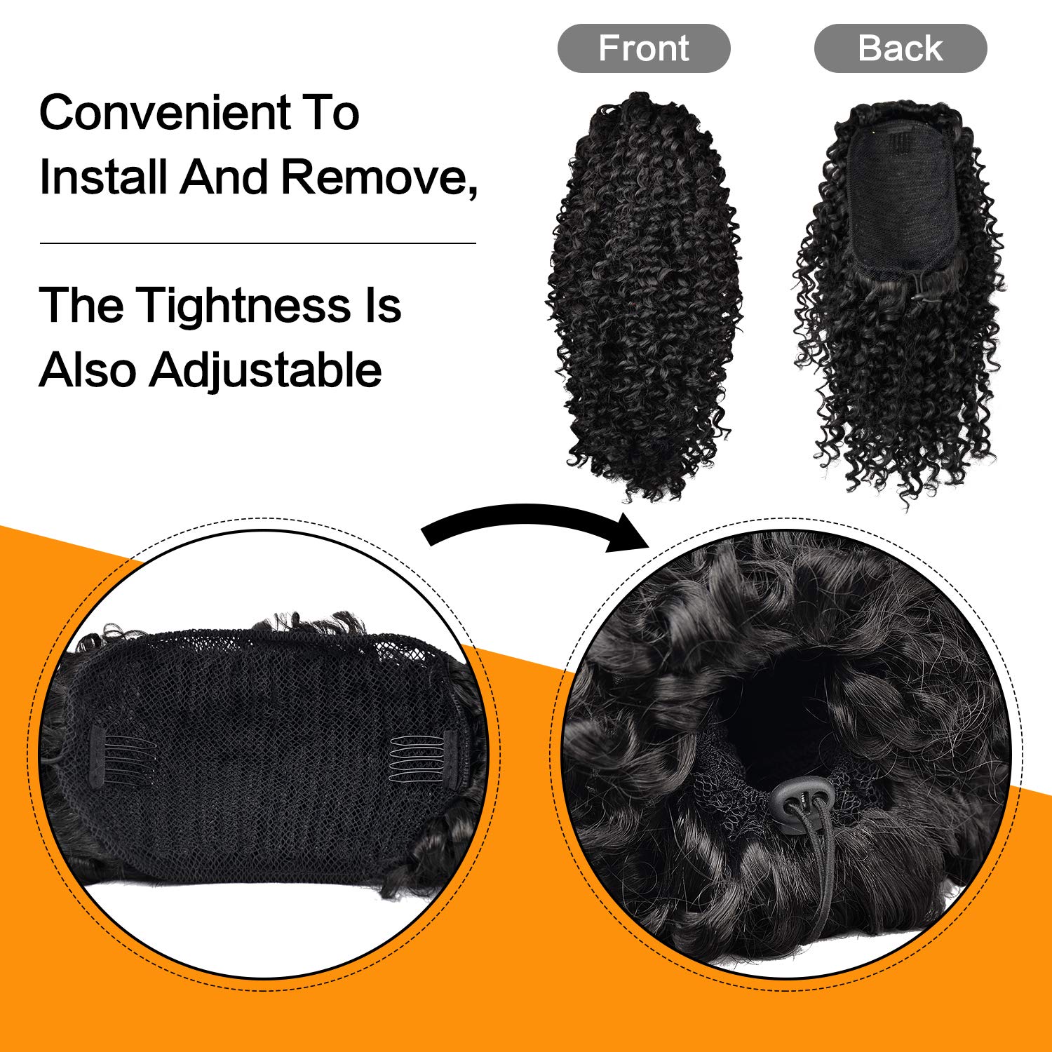 Drawstring Ponytail Afro Kinky Curly Ponytail for Black Women, PEACOCO 10 Inch Synthetic Hairpieces Clip in Jerry Curls Afro Puff Ponytail Extensions (1B)