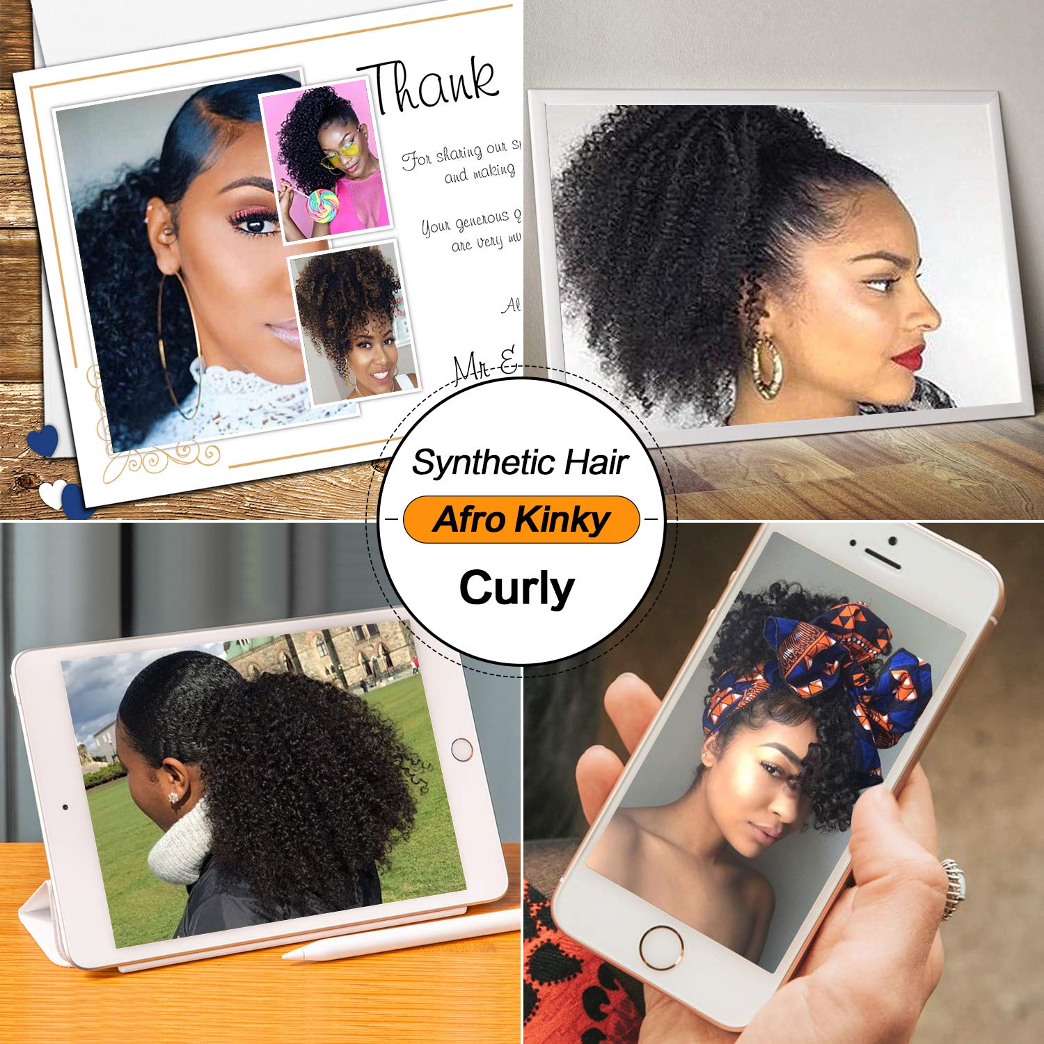 Drawstring Ponytail Afro Kinky Curly Ponytail for Black Women, PEACOCO 10 Inch Synthetic Hairpieces Clip in Jerry Curls Afro Puff Ponytail Extensions (1B)